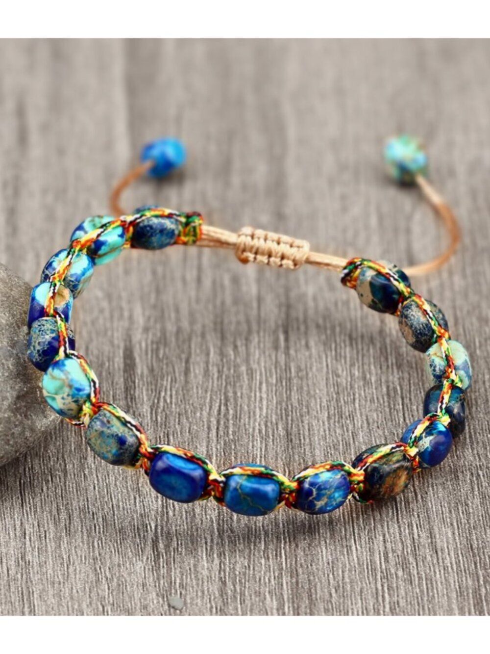 Boho Imitation Jasper Gemstone Beaded Bracelet Blue Marbled Handwoven Adjustable